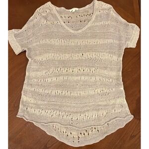 EILEEN FISHER Dove Gray Stitched Block Linen Striped Sweater Top M